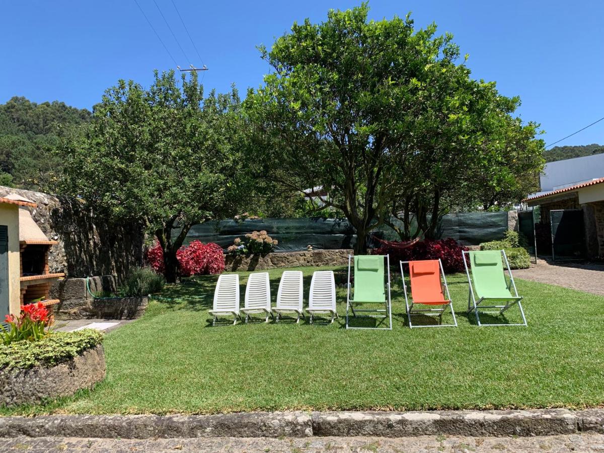 Jardim relvado com cadeiras coloridas à sombra das árvores